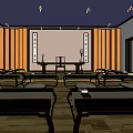Traditional Chinese School Classroom With Wooden Paneling Long Tables Benches And Lamps
