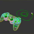 Transparent Computer Game Controller With Green Buttons And Coiled Cable 3d model