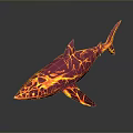 Vibrant Red And Yellow Shark With Cracked Pattern 3D Model On Dark Background