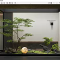 Modern Indoor Landscape With Green Tree Glowing Sphere Stones Ferns And Moss