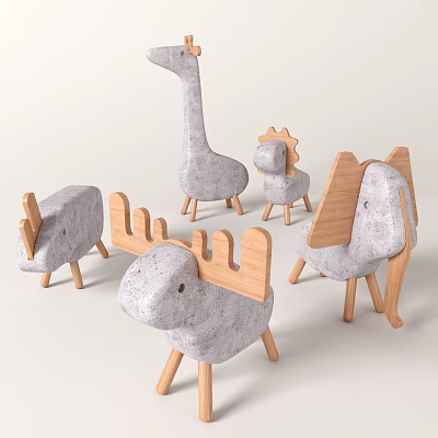Adorable Animal Shaped Stuffed Toys With Wooden Horns And Legs For Kids 3d model