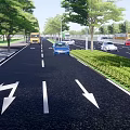 Municipal Road With Multiple Lanes Various Vehicles Trees And Street Lamps