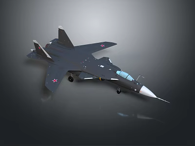 Detailed Black Military Fighter Jet Model With Red Star Markings And Cockpit 3d model