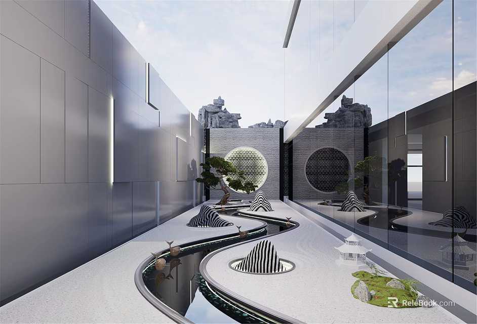 Modern Courtyard Garden With Curved Waterway White Gravel Circular Ornaments And Greenery 3d model 