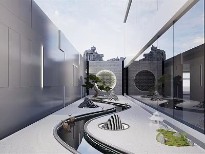 Modern Courtyard Garden With Curved Waterway White Gravel Circular Ornaments And Greenery 3d model