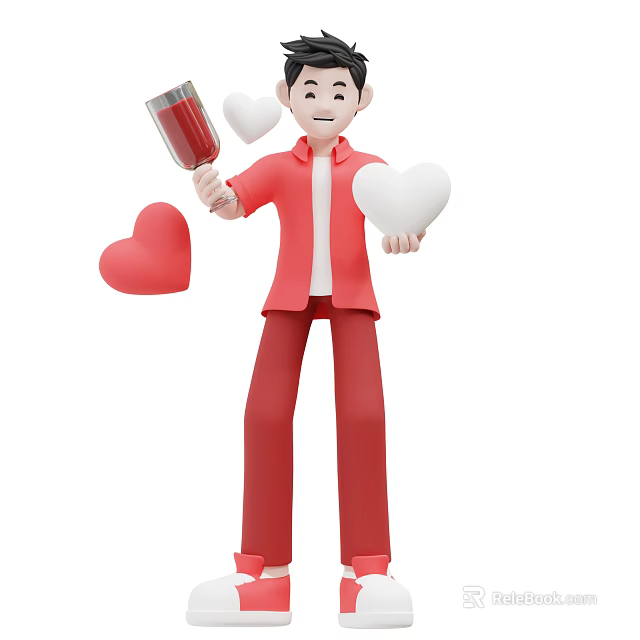 Man Wearing Red Outfit Holding Wine Glass and Floating Red White Heart Shapes 3d model 