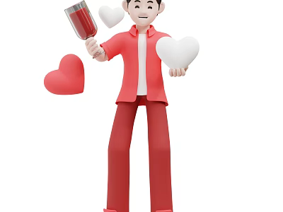 Man Wearing Red Outfit Holding Wine Glass and Floating Red White Heart Shapes 3d model