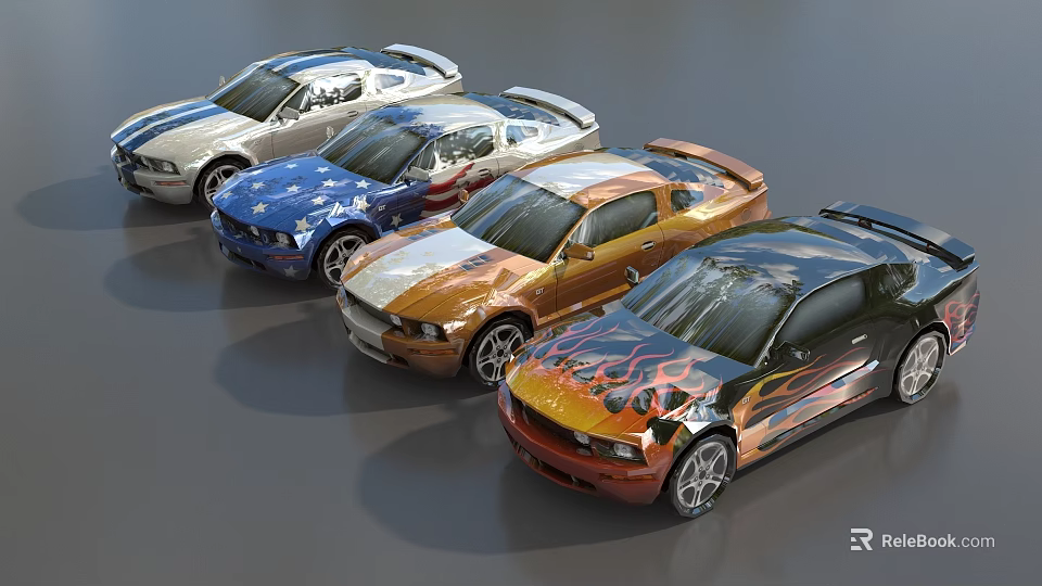 Row of Custom Modified Sports Cars With Various Colors And Flame Designs 3d model 