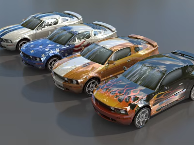 Row of Custom Modified Sports Cars With Various Colors And Flame Designs 3d model