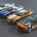 Row of Custom Modified Sports Cars With Various Colors And Flame Designs