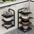 Kitchenware Organization In Modern Kitchen With Multi Layer Storage Rack And Pots Dishes