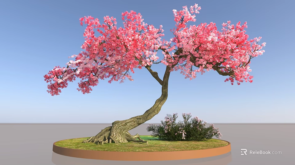Pink Blossom Tree With Curved Trunk Exposed Roots Small Shrubs Under Blue Sky 3d model 