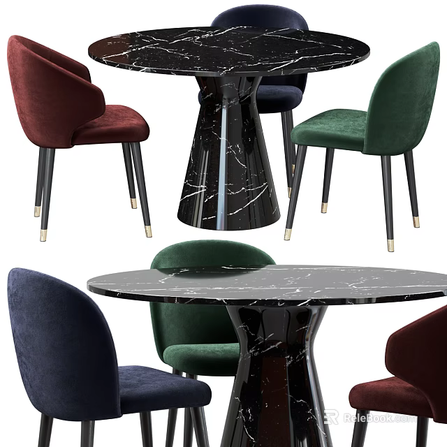 Round Marble Dining Table Set With Multicolor Upholstered Chairs And Metal Legs 3d model