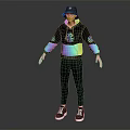 Character in Black Hoodie With Colorful Gradient Sleeves Chest Logo Black Pants Hat Glasses Sneakers