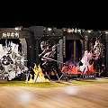 Fantasy Themed Event Display Wall With Flame Decorations And Character Standees 3d model