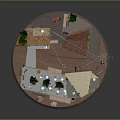 Miniature Building Model With Stone Walls Red Roof Terrace Cypress Trees And Circular Base
