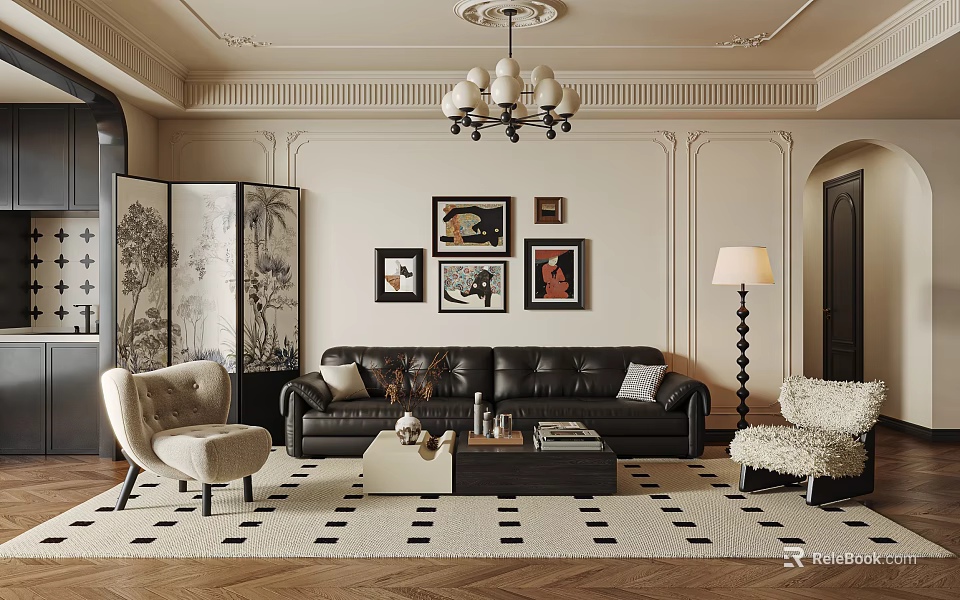 Elegant Living Room Interior With Black Leather Sofa Accent Chairs Wall Art And Chandelier 3d model 