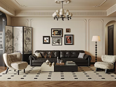 Elegant Living Room Interior With Black Leather Sofa Accent Chairs Wall Art And Chandelier 3d model