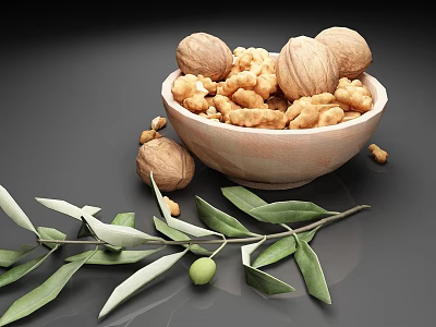 Fresh Walnuts in Wooden Bowl with Olive Branch and Green Olive 3d model