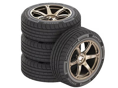 Stacked Black Car Tires Featuring Gold Sport Rims And Modern Design 3d model
