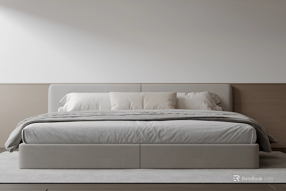 Modern Minimalist Double Bed With Upholstered Headboard And Neutral Colored Bedding 3d model