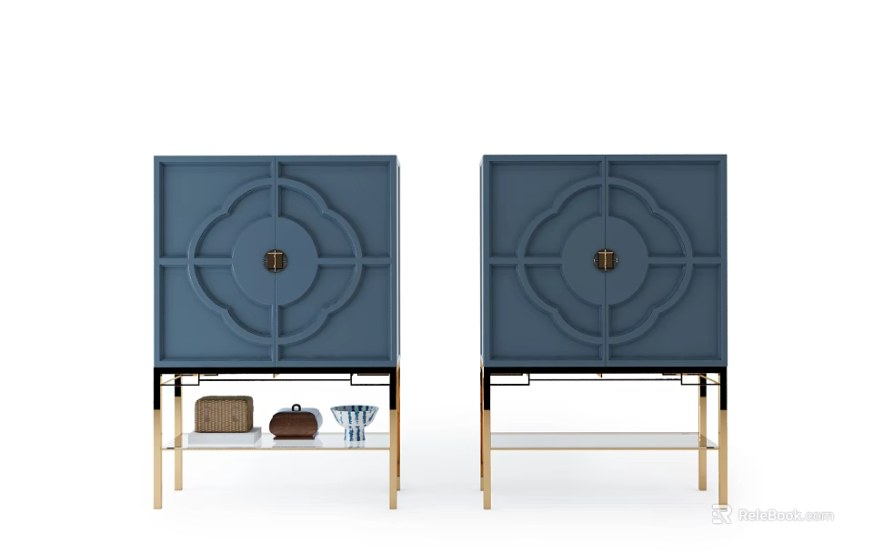 Blue Console Cabinet with Circular Pattern Gold Legs Metal Hardware and Lower Shelf Decorative Items 3d model 