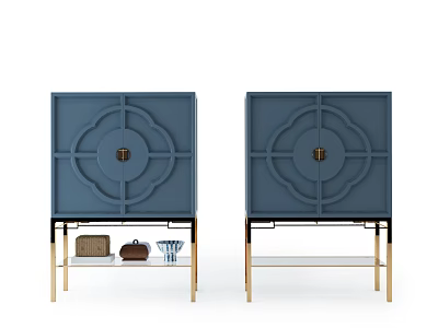 Blue Console Cabinet with Circular Pattern Gold Legs Metal Hardware and Lower Shelf Decorative Items 3d model