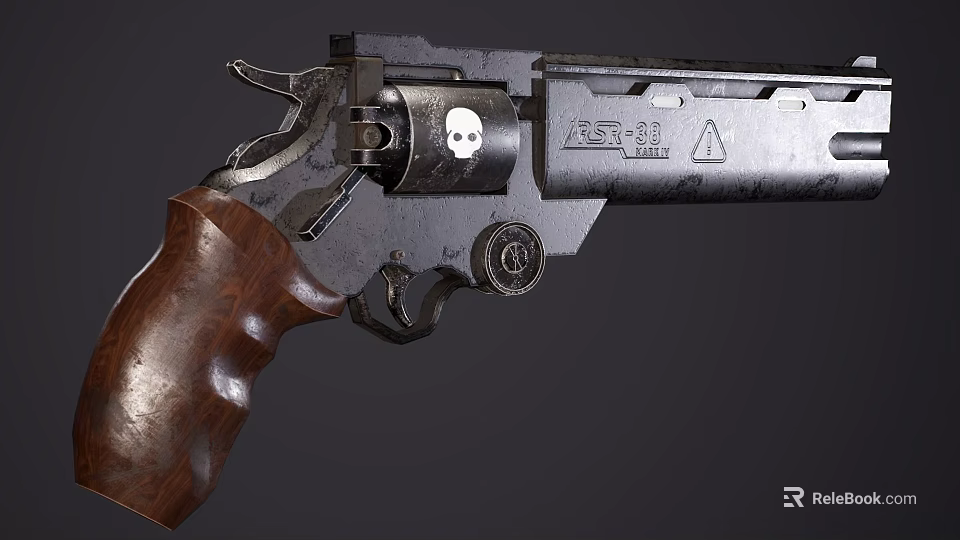 Vintage Revolver With Skull Emblem On Cylinder Triangle Symbol Wooden Grip And Akashi Lettering 3d model 