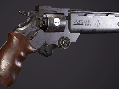 Vintage Revolver With Skull Emblem On Cylinder Triangle Symbol Wooden Grip And Akashi Lettering 3d model