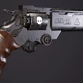 Vintage Revolver With Skull Emblem On Cylinder Triangle Symbol Wooden Grip And Akashi Lettering