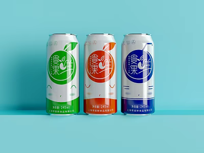 Three Colorful Canned Fruit Flavored Drinks Green Orange Blue in Light Blue Background 3d model