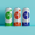Three Colorful Canned Fruit Flavored Drinks Green Orange Blue in Light Blue Background
