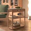 Wooden Coffee Table With Shelves Green Fruits Books Clock And Basket Of Bottles