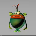 3D Green Cartoon Monster Character With Yellow Fin Ears Red Mouth Sharp Teeth And Antennae