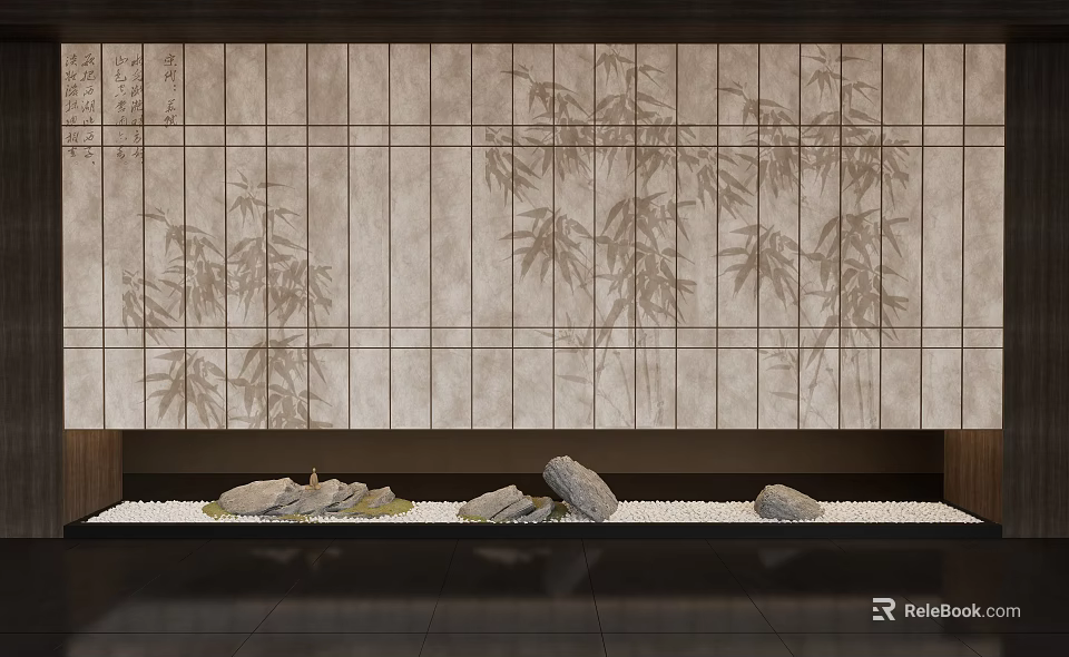 Art Installation Featuring Bamboo Shadow Wall With Stone Arrangement And Sand Base 3d model