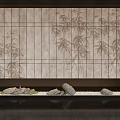 Art Installation Featuring Bamboo Shadow Wall With Stone Arrangement And Sand Base 3d model