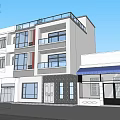 Modern White Multi Story Building With Balconies Large Windows Blue Awning And Black Car