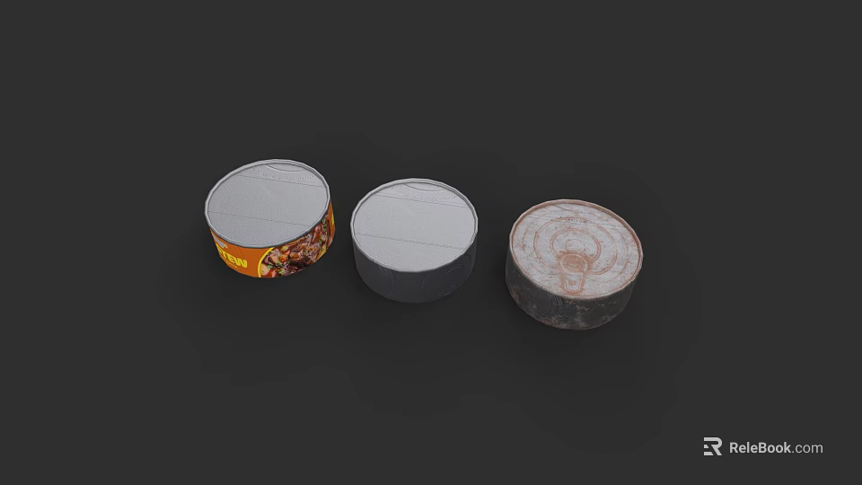 Three Round Food Cans With Different Label Designs On Dark Surface 3d model 