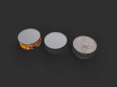 Three Round Food Cans With Different Label Designs On Dark Surface 3d model