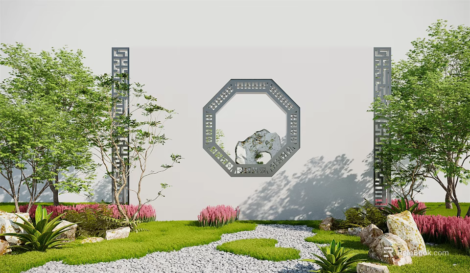 Chinese Style White Scenic Wall With Octagonal Openwork Rock Pattern And Garden Lawn Flowers 3d model 