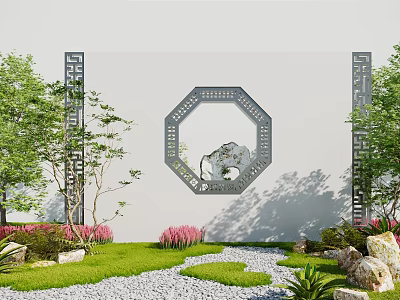 Chinese Style White Scenic Wall With Octagonal Openwork Rock Pattern And Garden Lawn Flowers 3d model