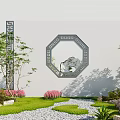 Chinese Style White Scenic Wall With Octagonal Openwork Rock Pattern And Garden Lawn Flowers