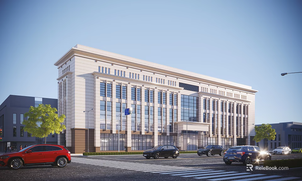 Modern Office Building Exterior With Stone Facade Large Glass Windows And Street View With Cars Trees 3d model 