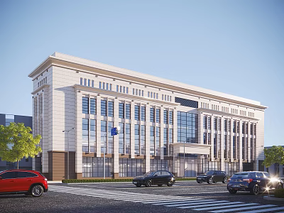Modern Office Building Exterior With Stone Facade Large Glass Windows And Street View With Cars Trees 3d model
