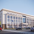 Modern Office Building Exterior With Stone Facade Large Glass Windows And Street View With Cars Trees