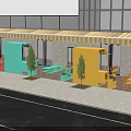 Bright Colorful Outdoor Street Vending Kiosks Along Sunny Urban Public Wooden Pedestrian Walkway