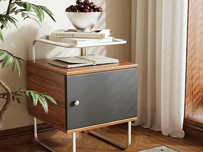 Wooden Nightstand with Black Drawer Silver Metal Legs Tray Books White Bowl and Berries 3d model