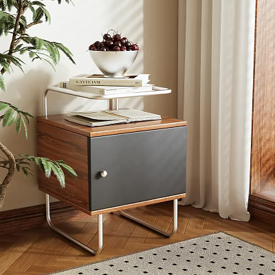 Wooden Nightstand with Black Drawer Silver Metal Legs Tray Books White Bowl and Berries 3d model