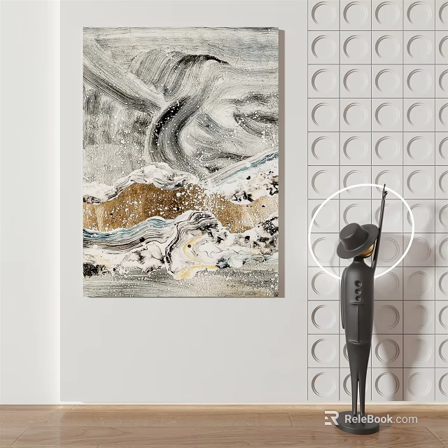 Abstract Painting With Black Statue And Circular Pattern Wall In Modern Interior 3d model