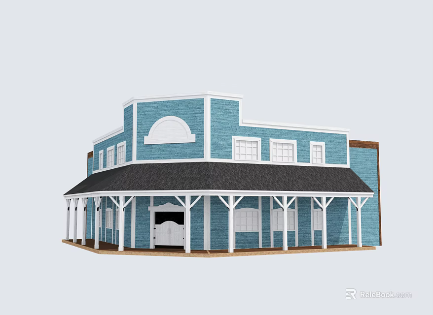 Blue And White Building Exterior With Black Roof Porch White Columns And Arched Windows 3d model 